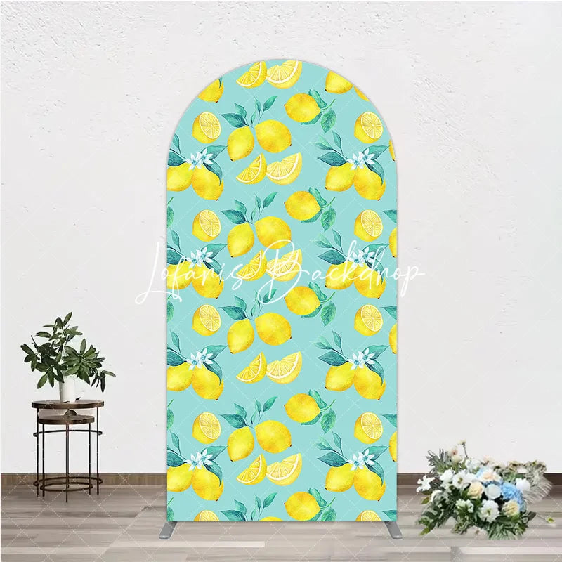 Lofaris Round Top Arch Backdrop with Vibrant Watercolor Lemon and Green Leaf Fresh Summer Party Decor