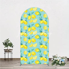 Lofaris Round Top Arch Backdrop with Vibrant Watercolor Lemon and Green Leaf Fresh Summer Party Decor