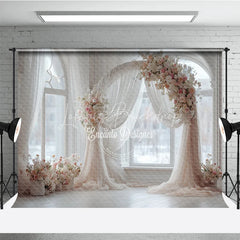Lofaris Round Wedding Arch Backdrop White Room with Window Pink Rose Floral Decor for Bridal Shower