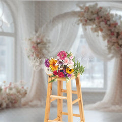 Lofaris Round Wedding Arch Backdrop White Room with Window Pink Rose Floral Decor for Bridal Shower