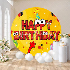 Lofaris Round Yellow Birthday Backdrop Red Monster Character Party Decor with Gifts and Balloons for Kids