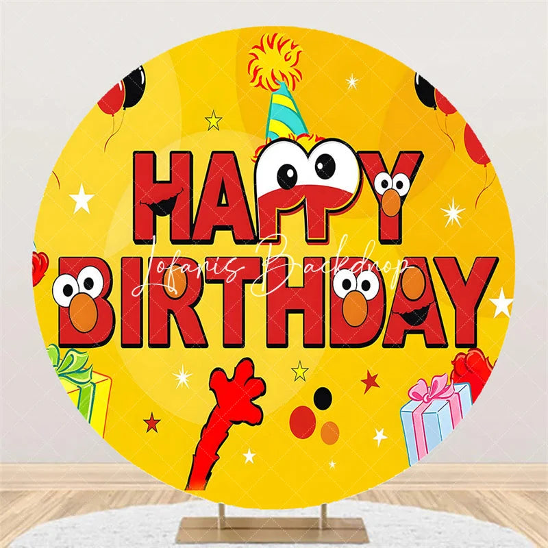 Lofaris Round Yellow Birthday Backdrop Red Monster Character Party Decor with Gifts and Balloons for Kids