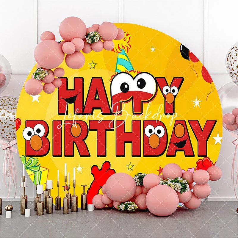 Lofaris Round Yellow Birthday Backdrop Red Monster Character Party Decor with Gifts and Balloons for Kids