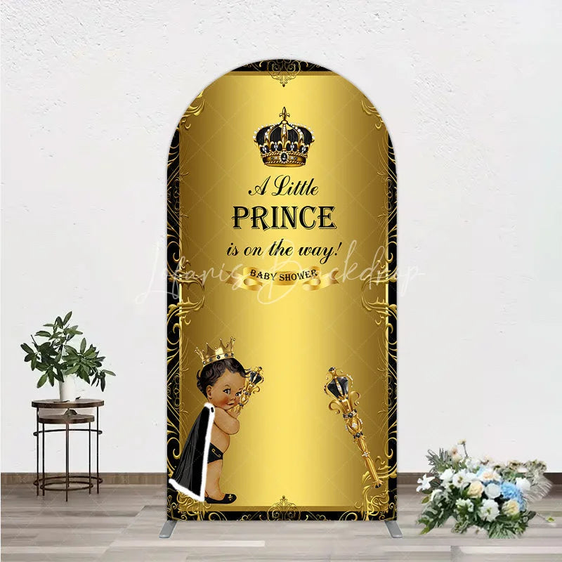 Lofaris Royal Black Gold Baby Shower Arch Backdrop Little Prince Party Decoration African American Boy Crown Background