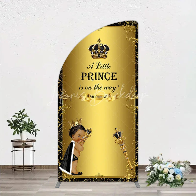 Lofaris Royal Black Gold Baby Shower Half Moon Arch Backdrop Little Prince Party Decoration African American Boy Crown Background