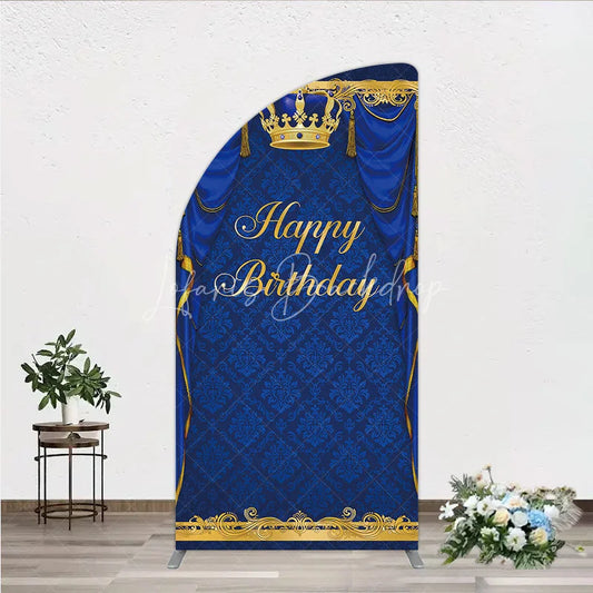 Lofaris Royal Blue and Gold Crown Happy Birthday Half Moon Arch Backdrop Kit Elegant Prince Party Decor