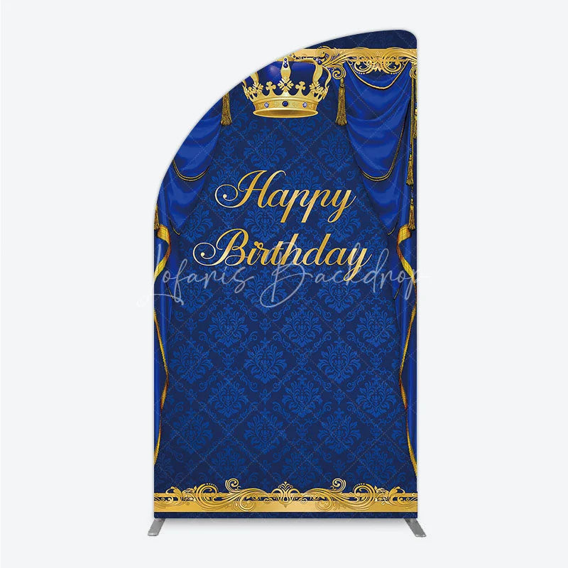 Lofaris Royal Blue and Gold Crown Happy Birthday Half Moon Arch Backdrop Kit Elegant Prince Party Decor
