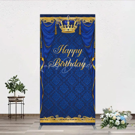 Lofaris Royal Blue and Gold Crown Happy Birthday Rectangle Backdrop Kit Elegant Prince Party Decor