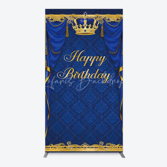 Lofaris Royal Blue and Gold Crown Happy Birthday Rectangle Backdrop Kit Elegant Prince Party Decor