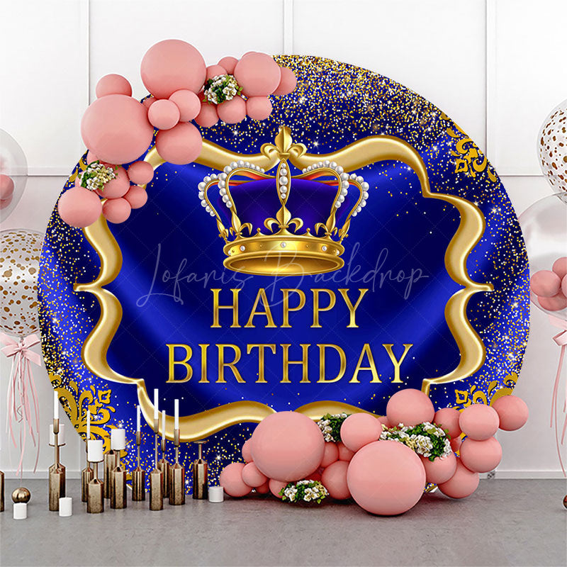 Lofaris Royal Blue Gold Glitter Round Happy Birthday Backdrop