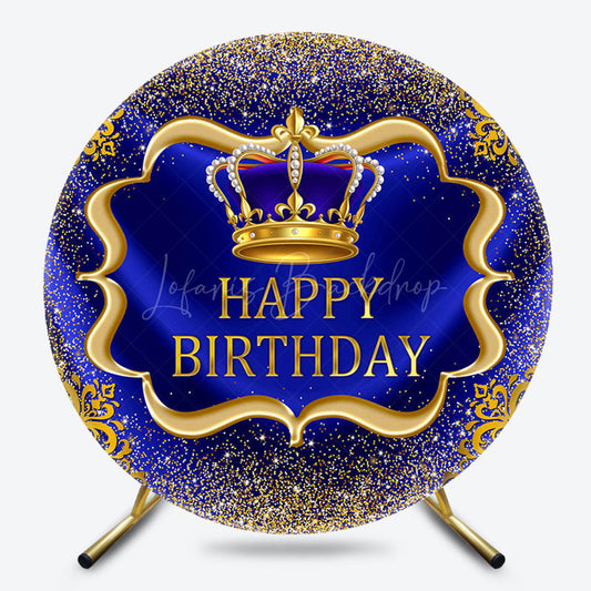 Lofaris Royal Blue Gold Glitter Round Happy Birthday Backdrop