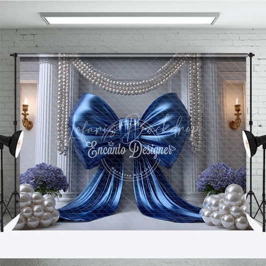 Lofaris Royal Blue Satin Bow and White Pearls Backdrop Elegant Wedding Column Floral Photography Background