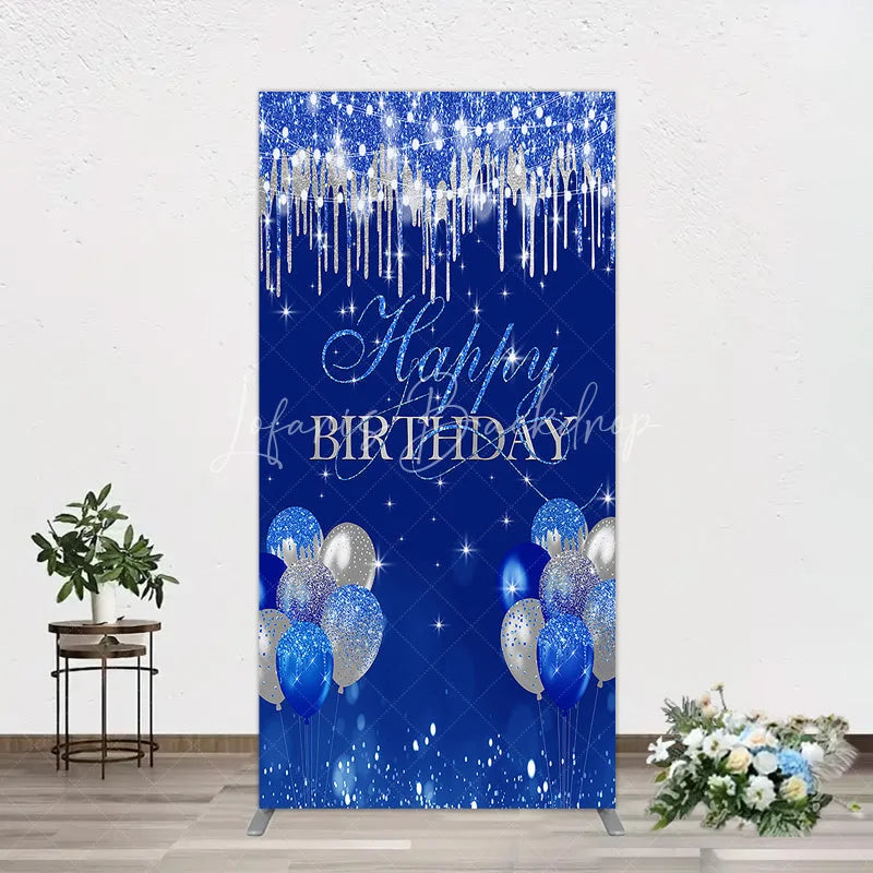 Lofaris Royal Blue Silver Glitter Drip Rectangle Backdrop Happy Birthday Balloon Prop