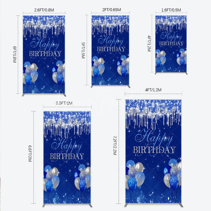 Lofaris Royal Blue Silver Glitter Drip Rectangle Backdrop Happy Birthday Balloon Prop