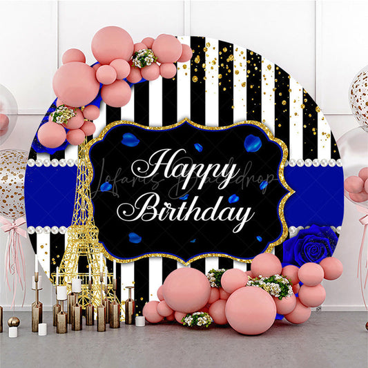 Lofaris Royal Blue Stripes Glod Tower Birthday Round Backdrop