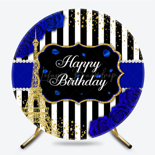 Lofaris Royal Blue Stripes Glod Tower Birthday Round Backdrop