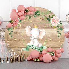 Lofaris Royal Elephant Wood Grain Round Backdrop Floral Baby Shower and Pink Rose Stars Party Decoration
