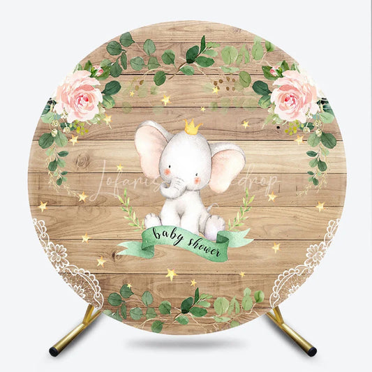 Lofaris Royal Elephant Wood Grain Round Backdrop Floral Baby Shower and Pink Rose Stars Party Decoration
