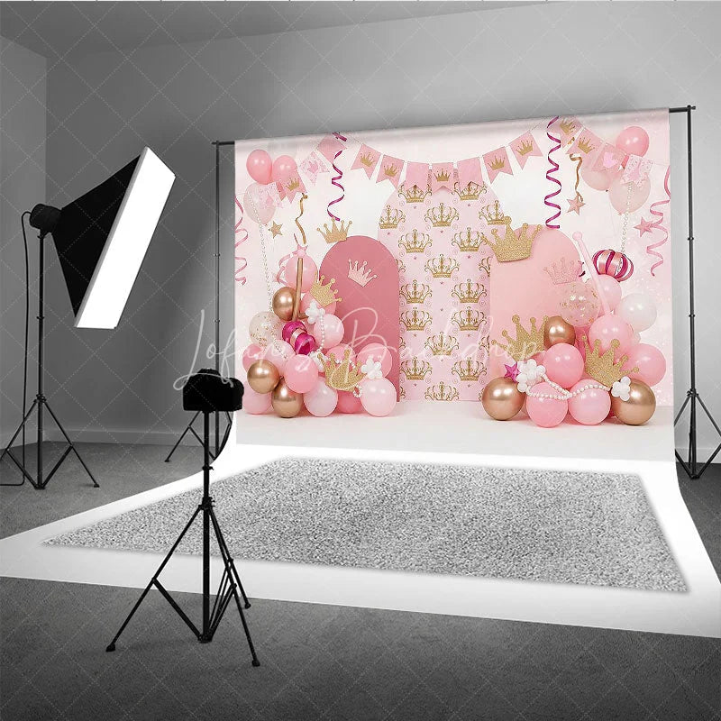 Lofaris Royal Pink Princess Crown and Pearls Backdrop Golden Tiara Balloon Arch for Girl Birthday Party Decor