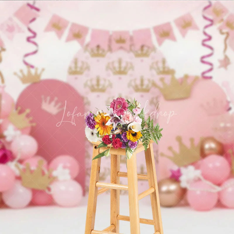 Lofaris Royal Pink Princess Crown and Pearls Backdrop Golden Tiara Balloon Arch for Girl Birthday Party Decor