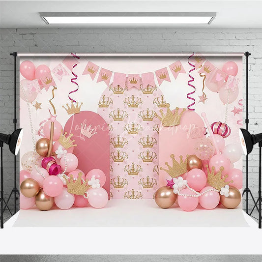 Lofaris Royal Pink Princess Crown and Pearls Backdrop Golden Tiara Balloon Arch for Girl Birthday Party Decor