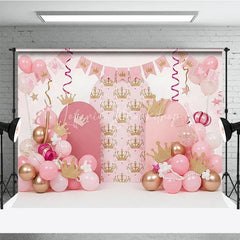 Lofaris Royal Pink Princess Crown and Pearls Backdrop Golden Tiara Balloon Arch for Girl Birthday Party Decor