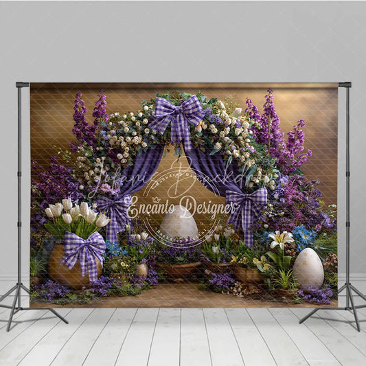 Lofaris Royal Purple Floral Easter Backdrop Elegant Arch and White Tulip Photography Background