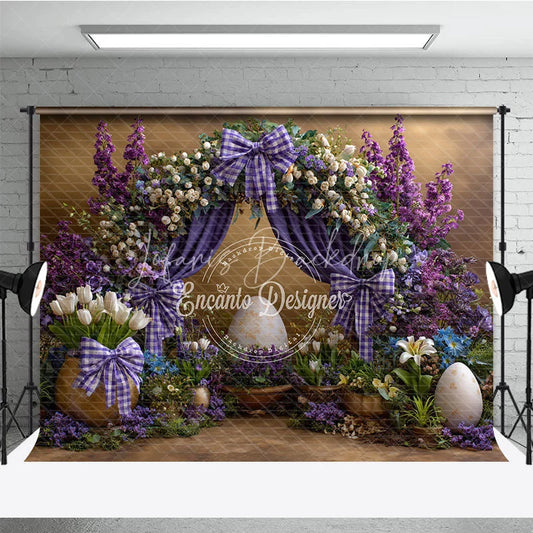 Lofaris Royal Purple Floral Easter Backdrop Elegant Arch and White Tulip Photography Background
