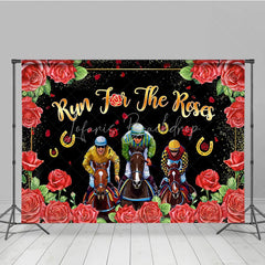 Lofaris Run For The Roses Backdrop Horse Racing Jockeys and Red Floral Border Background Kentucky Derby Day Party Decorations