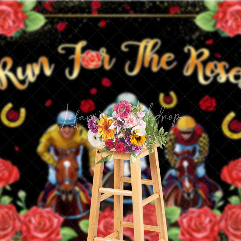 Lofaris Run For The Roses Backdrop Horse Racing Jockeys and Red Floral Border Background Kentucky Derby Day Party Decorations