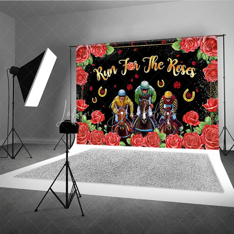 Lofaris Run For The Roses Backdrop Horse Racing Jockeys and Red Floral Border Background Kentucky Derby Day Party Decorations