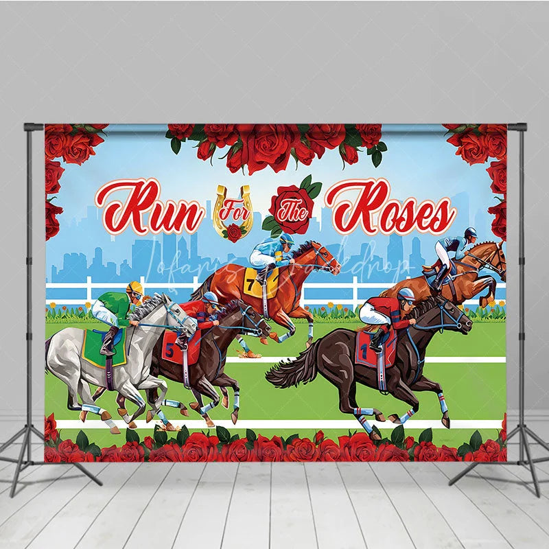 Lofaris Run for the Roses Kentucky Derby Backdrop Horse Racing Track and City Skyline Party Background