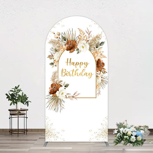 Lofaris Rural Boho Floral Gold Happy Birthday Arch Backdrop