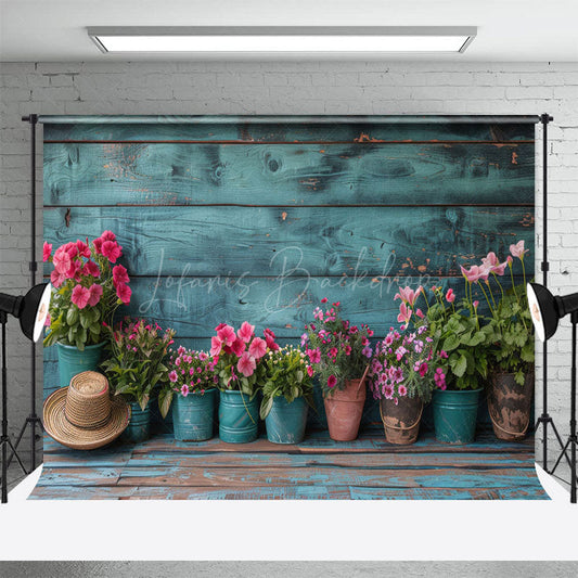 Lofaris Rural Retro Teal Wooden Wall Potted Plant Backdrop
