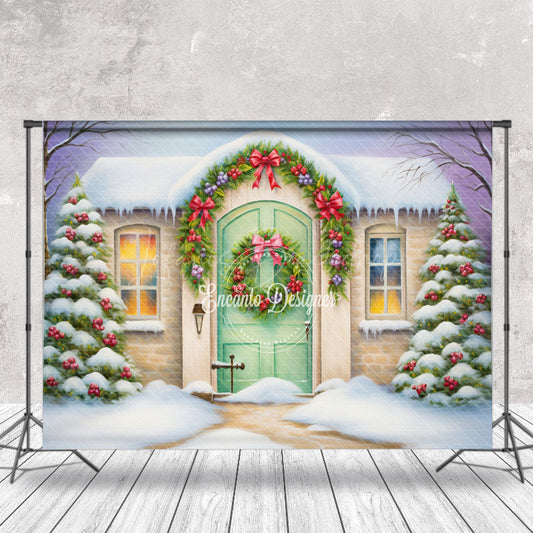 Lofaris Rural Snowy House Xmas Tree Christmas Photo Backdrop