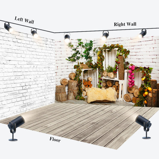 Lofaris Rural White Brick Wall Wooden Stake Room Set Backdrop