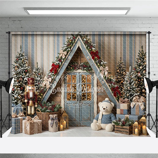 Lofaris Rustic A-Frame Cabin Holiday Backdrop with Snowy Christmas Trees Nutcracker Teddy Bear and Gifts