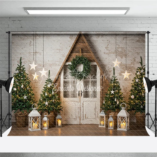 Lofaris Rustic A-Frame Door Christmas Photography Backdrop Farmhouse Scene with Trees and Lanterns Scandinavian Holiday Background