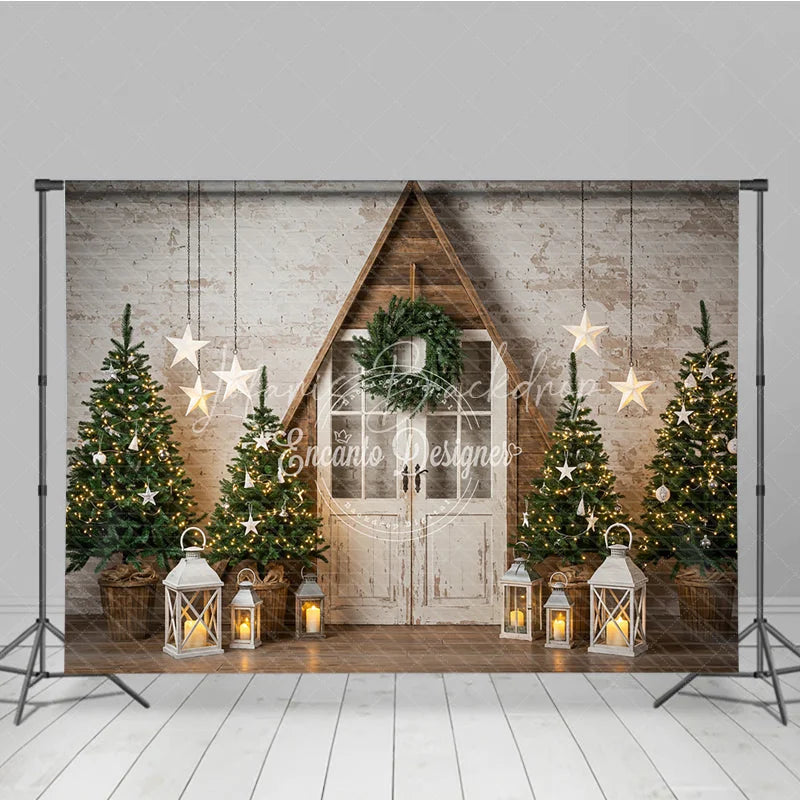 Lofaris Rustic A-Frame Door Christmas Photography Backdrop Farmhouse Scene with Trees and Lanterns Scandinavian Holiday Background