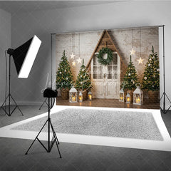 Lofaris Rustic A-Frame Door Christmas Photography Backdrop Farmhouse Scene with Trees and Lanterns Scandinavian Holiday Background