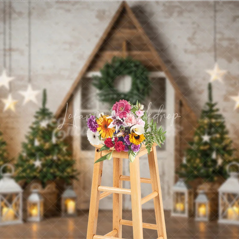 Lofaris Rustic A-Frame Door Christmas Photography Backdrop Farmhouse Scene with Trees and Lanterns Scandinavian Holiday Background