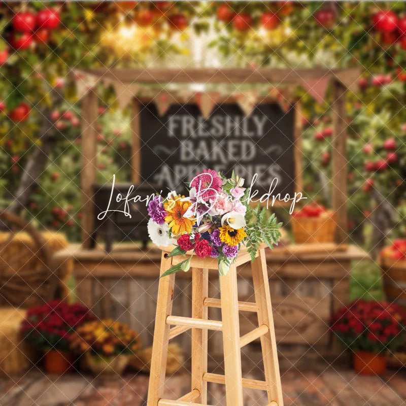 Lofaris Rustic Apple Orchard Photography Backdrop with Freshly Baked Pies Autumn Harvest Farm Stand Decor