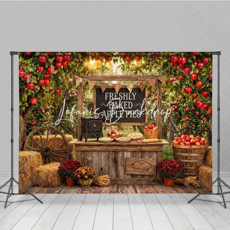 Lofaris Rustic Apple Orchard Photography Backdrop with Freshly Baked Pies Autumn Harvest Farm Stand Decor