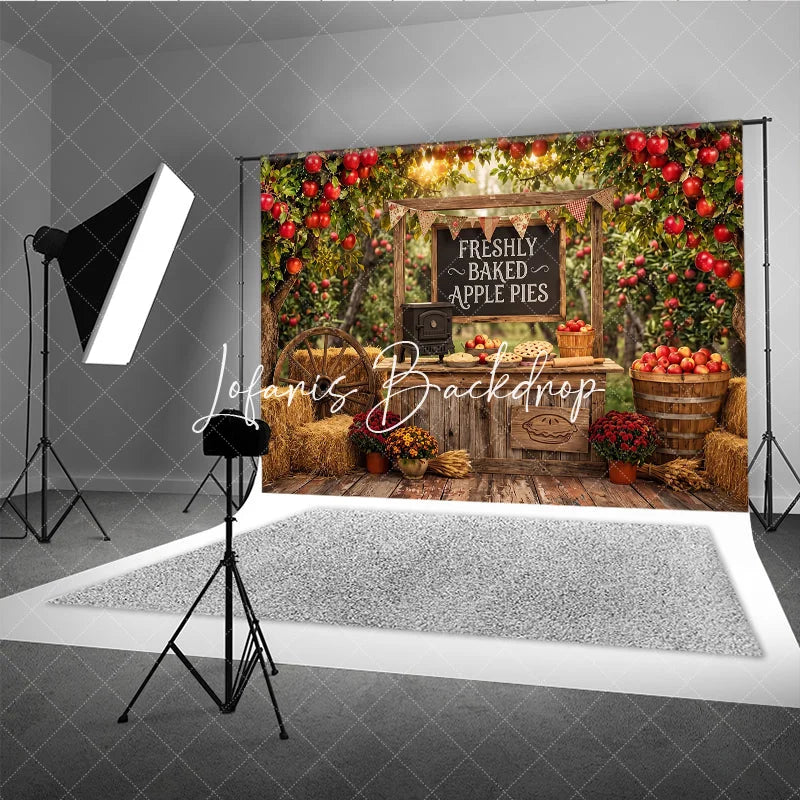 Lofaris Rustic Apple Orchard Photography Backdrop with Freshly Baked Pies Autumn Harvest Farm Stand Decor