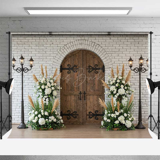Lofaris Rustic Arched Door Photography Backdrop White Brick Wall and Vintage Lanterns Boho Wedding Ceremony Photo Prop