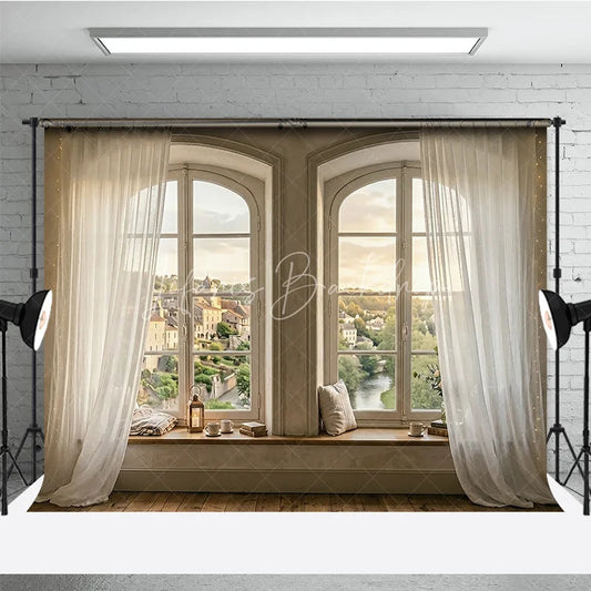Lofaris Rustic Arched Window Photography Backdrop with Sheer Curtains Idyllic European Village View and Cozy Seat