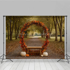 Lofaris Rustic Autumn Arch Photography Backdrop Fall Leaf Wreath with Bench and Pumpkins Thanksgiving Photo Background