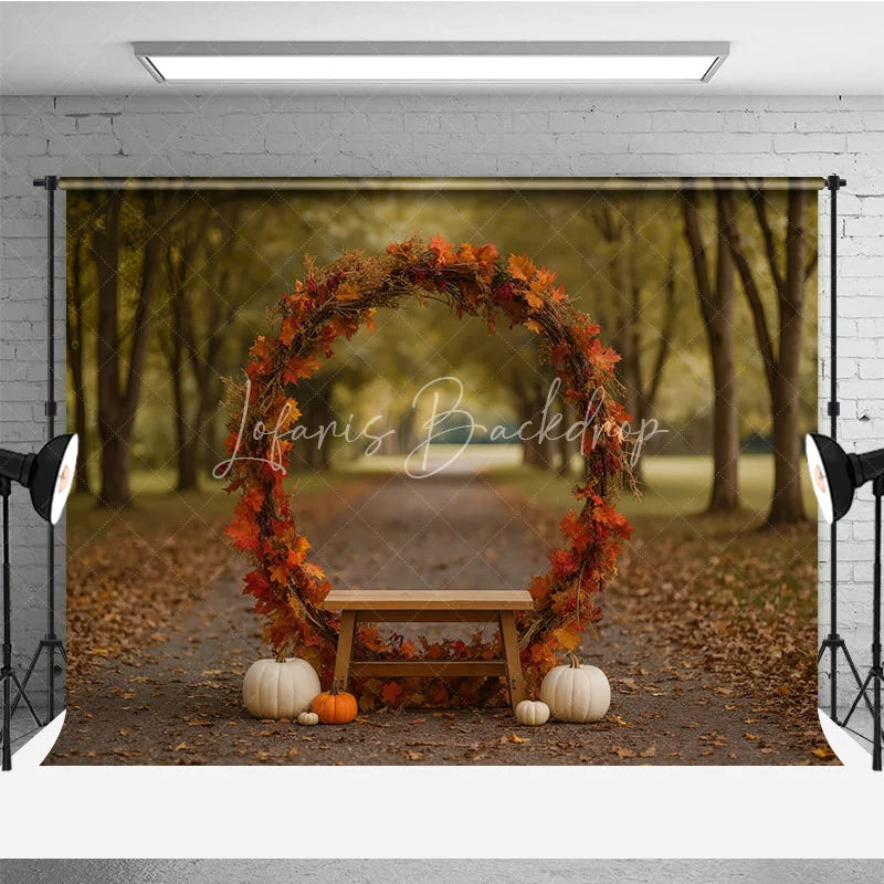 Lofaris Rustic Autumn Arch Photography Backdrop Fall Leaf Wreath with Bench and Pumpkins Thanksgiving Photo Background