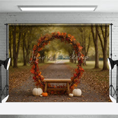 Lofaris Rustic Autumn Arch Photography Backdrop Fall Leaf Wreath with Bench and Pumpkins Thanksgiving Photo Background
