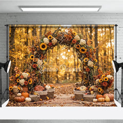 Lofaris Rustic Autumn Arch Photography Backdrop with Sunflowers Pumpkins and Golden Forest Leaves for Fall Photoshoot